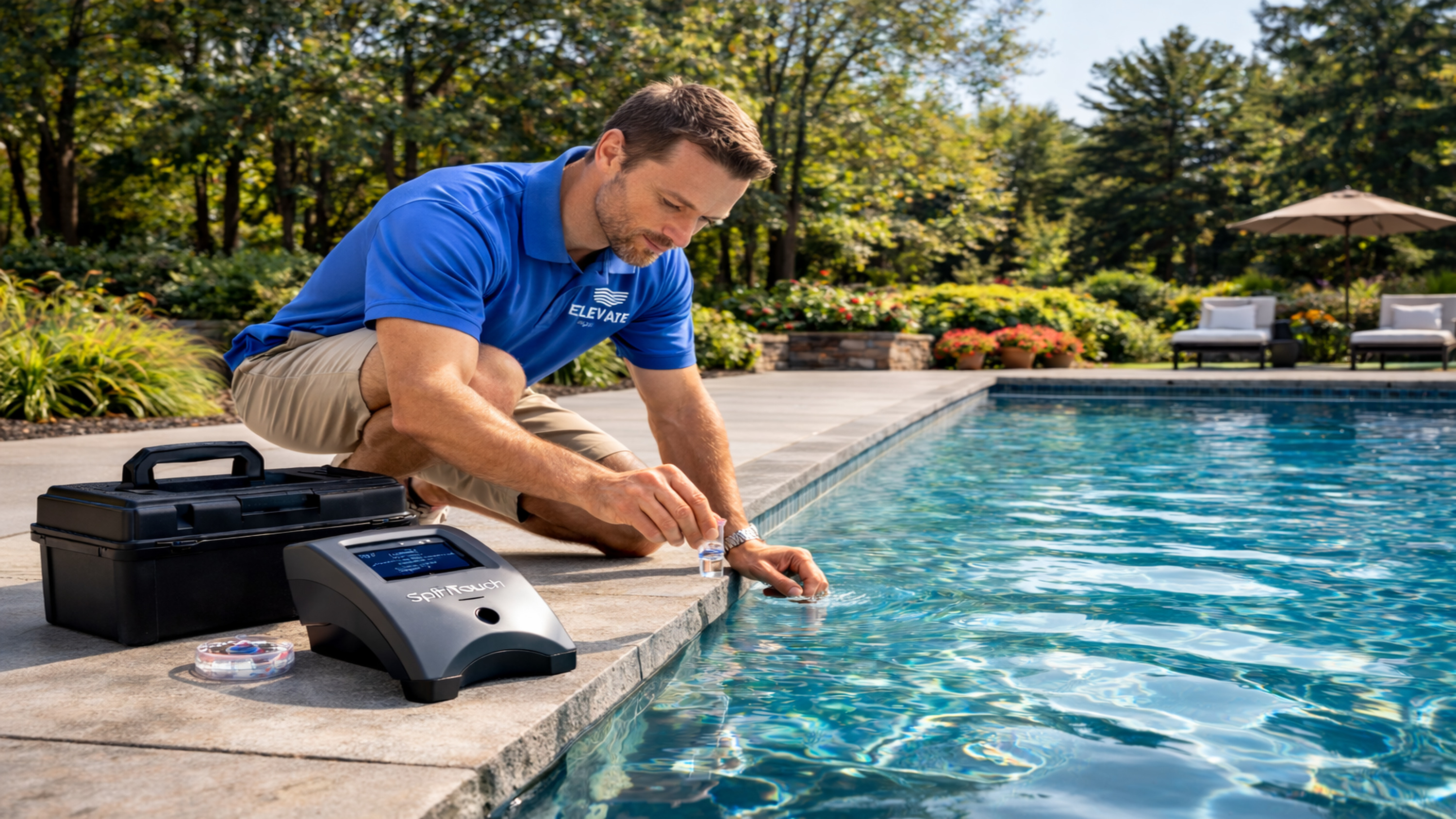 Pool technician testing pool water chemistry in Anne Arundel County, Maryland