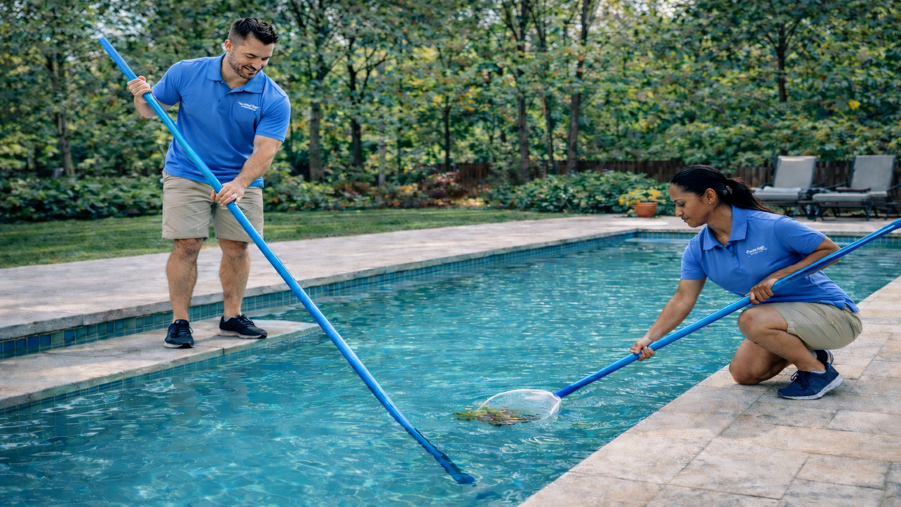 Pool technician cleaning the edge of a residential swimming pool in Anne Arundel County, Maryland