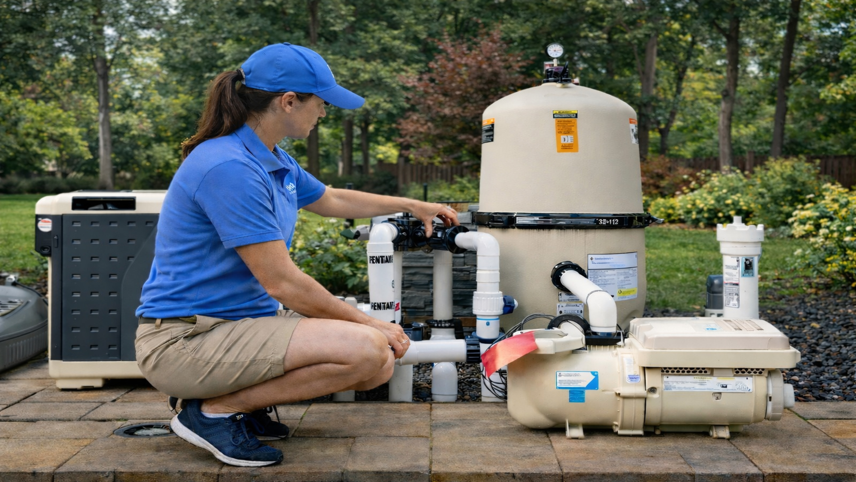 Pool equipment pad with pumps and filters at a residential pool in Anne Arundel County, Maryland